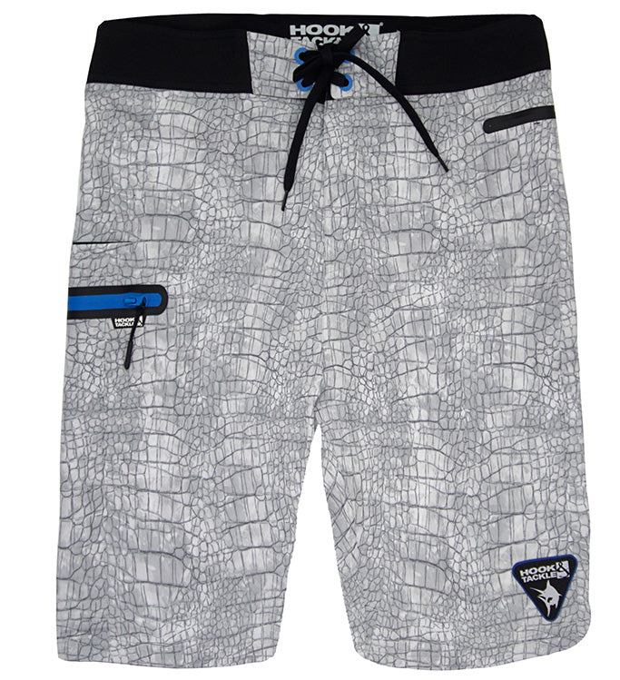 Gray patterned shorts with black waistband and blue accents on a white background