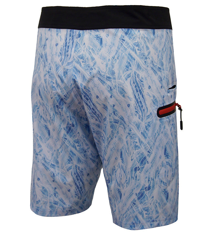 Blue patterned shorts with a black waistband on a white background