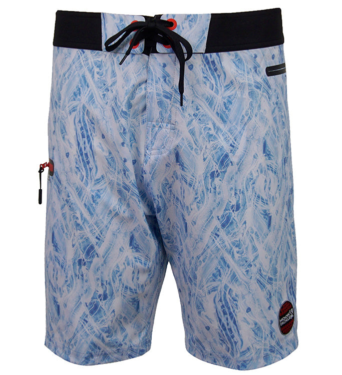 Blue patterned shorts with a black waistband on a white background
