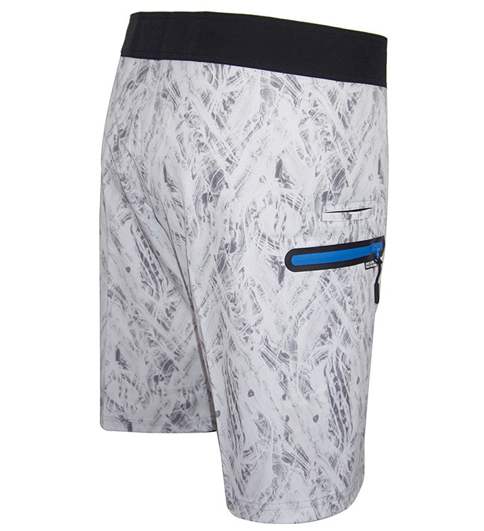 Gray patterned shorts with a blue pocket on a white background