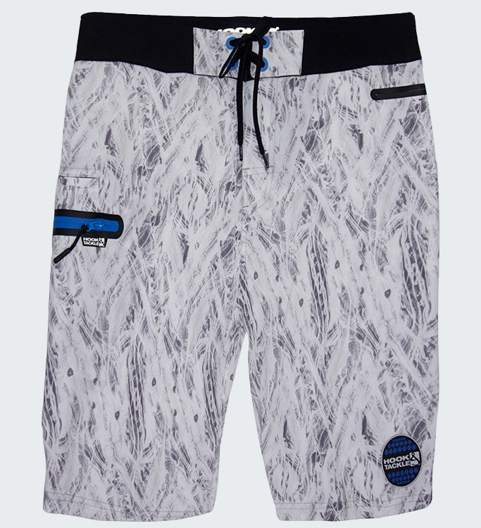 Board shorts with a patterned design on a white background