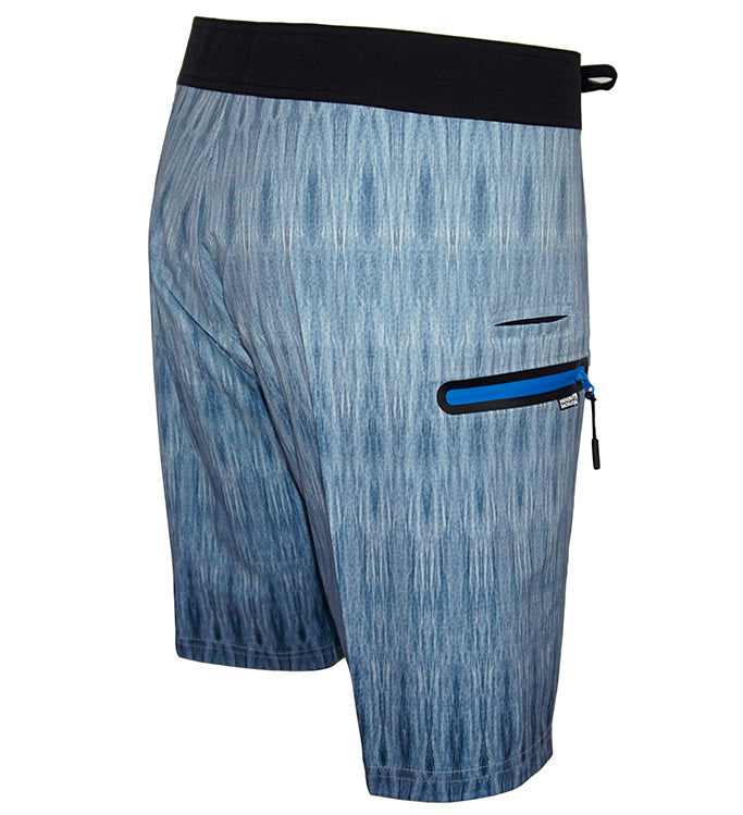 Blue patterned shorts with a black waistband and blue pocket on a white background