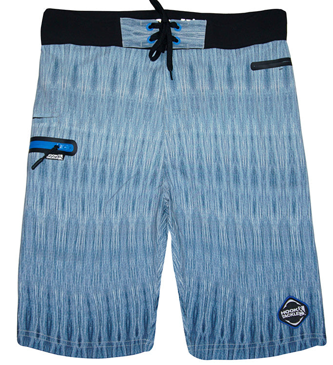 Blue patterned shorts with black accents on a white background