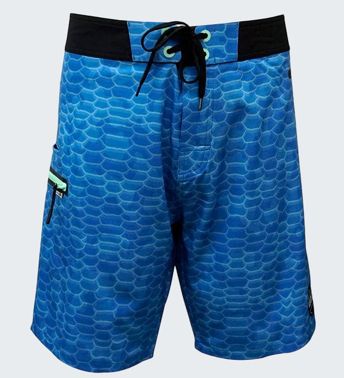 Blue patterned shorts with a black waistband on a white background