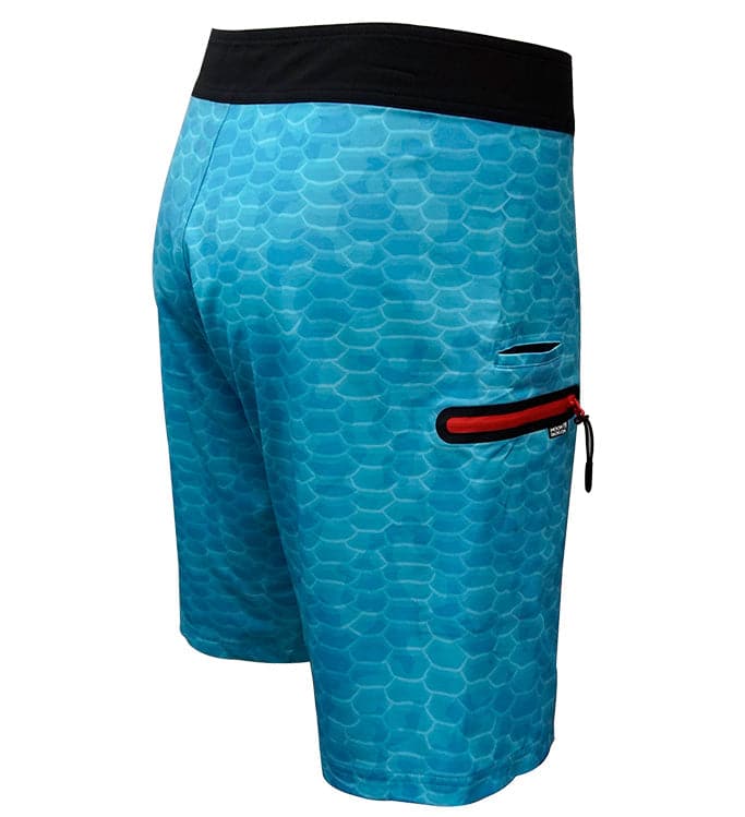 Blue patterned shorts with a black waistband and red zipper pocket on a white background