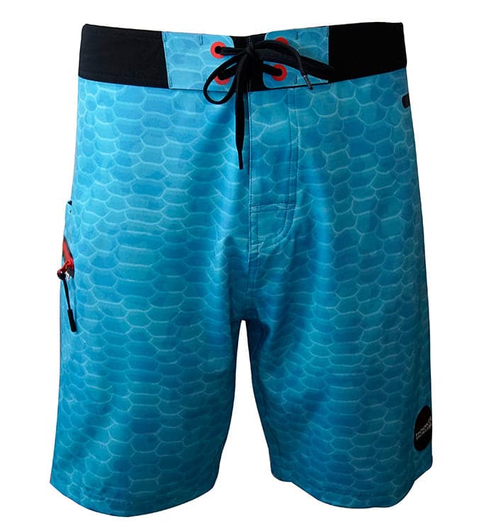Blue patterned board shorts with a black waistband on a white background