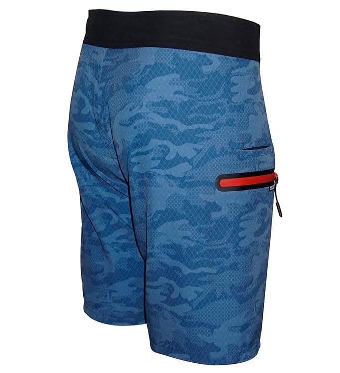 Blue camouflage shorts with a black waistband and red zipper on a white background