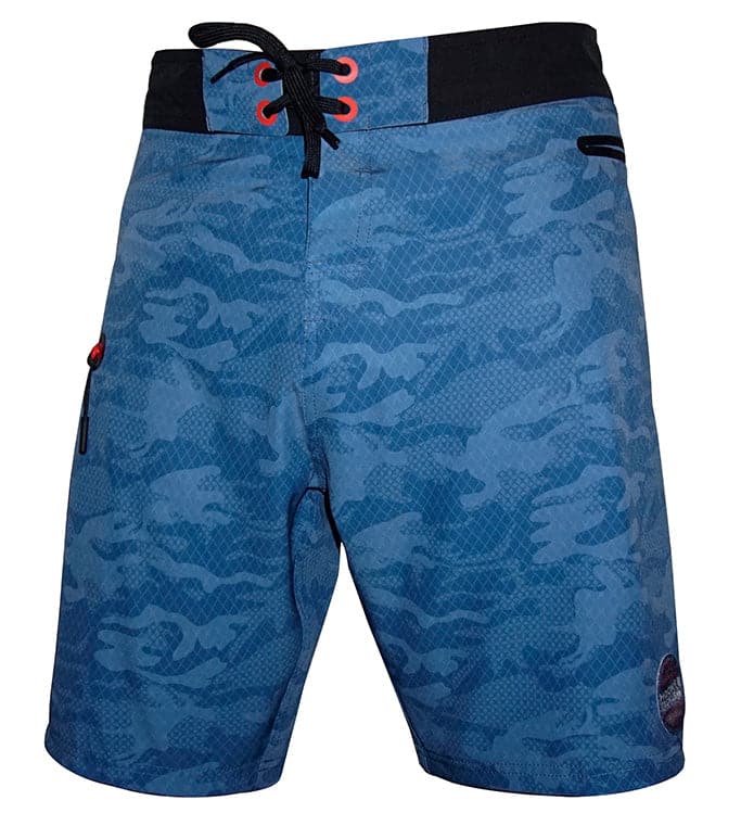 Blue camouflage board shorts with a black waistband on a white background