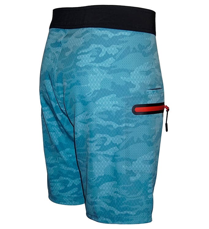Blue camouflage shorts with a black waistband and red zipper on a white background