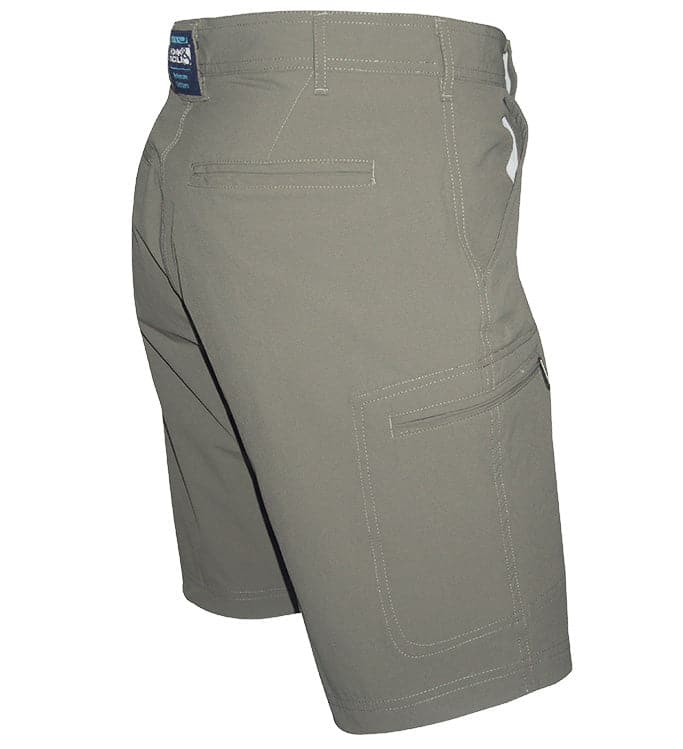 Gray shorts with a visible brand label on a white background