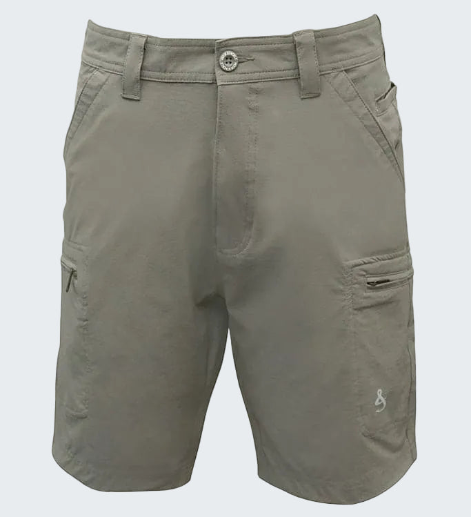 Gray shorts with multiple pockets on a white background