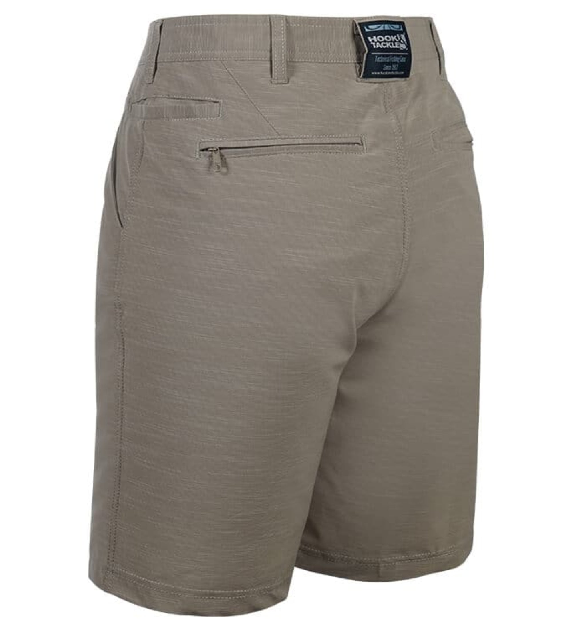 Khaki shorts with a visible brand label on a white background