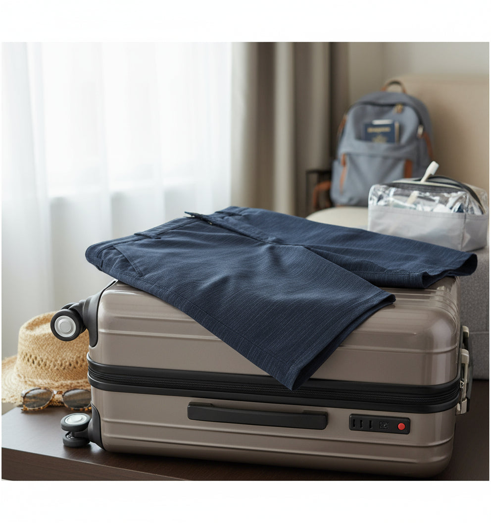 Navy shorts with a subtle pattern on a white background
