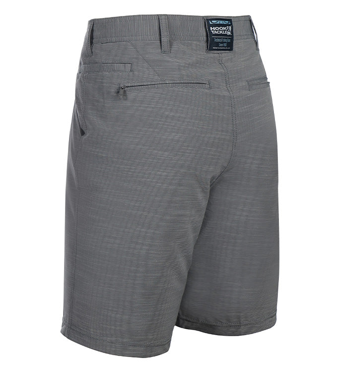 Gray shorts with a pattern on a white background