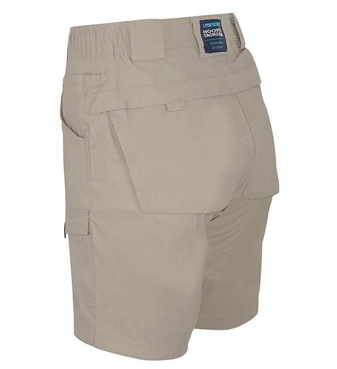 Beige cargo shorts with multiple pockets on a white background