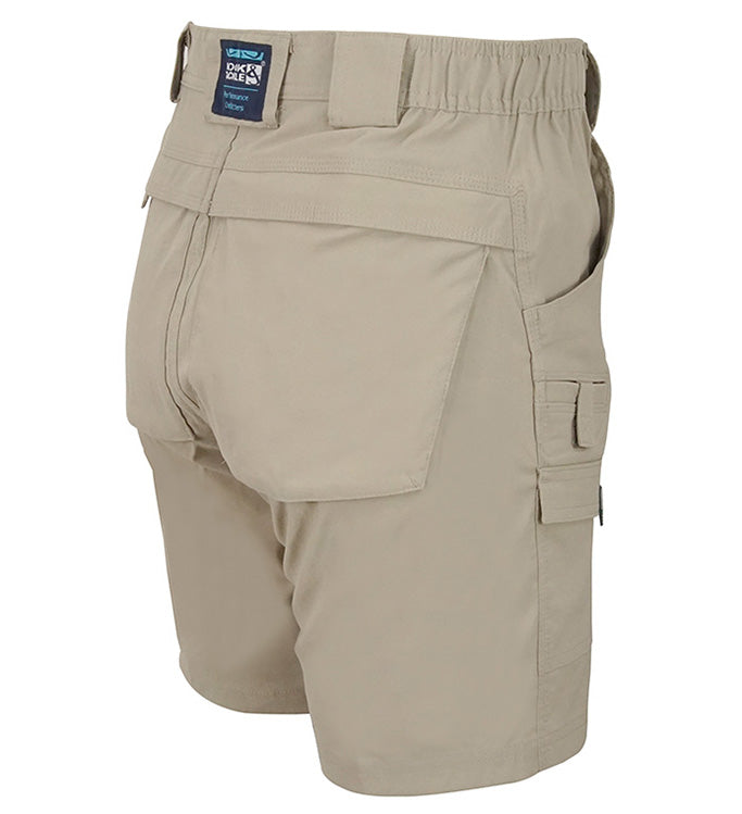 Beige cargo shorts with a brand label on a white background