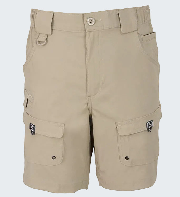 Beige cargo shorts with multiple pockets on a white background