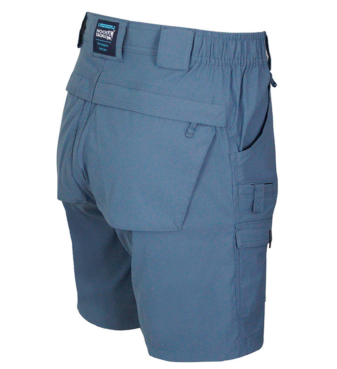Blue cargo shorts with multiple pockets on a white background