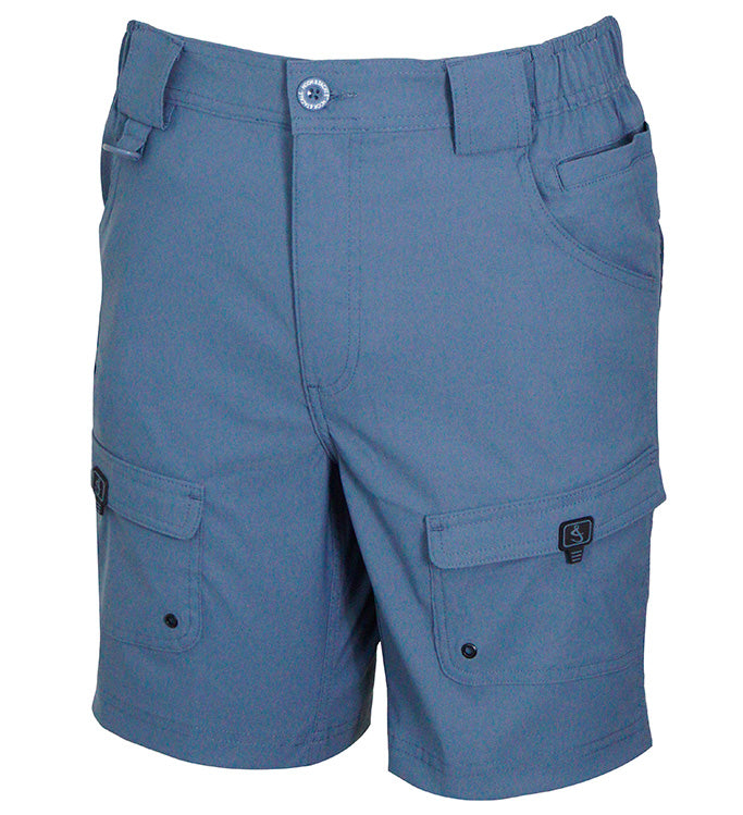 Blue shorts with multiple pockets on a white background