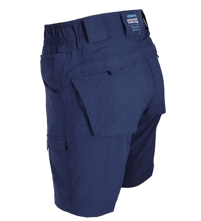 Navy blue shorts with multiple pockets on a white background