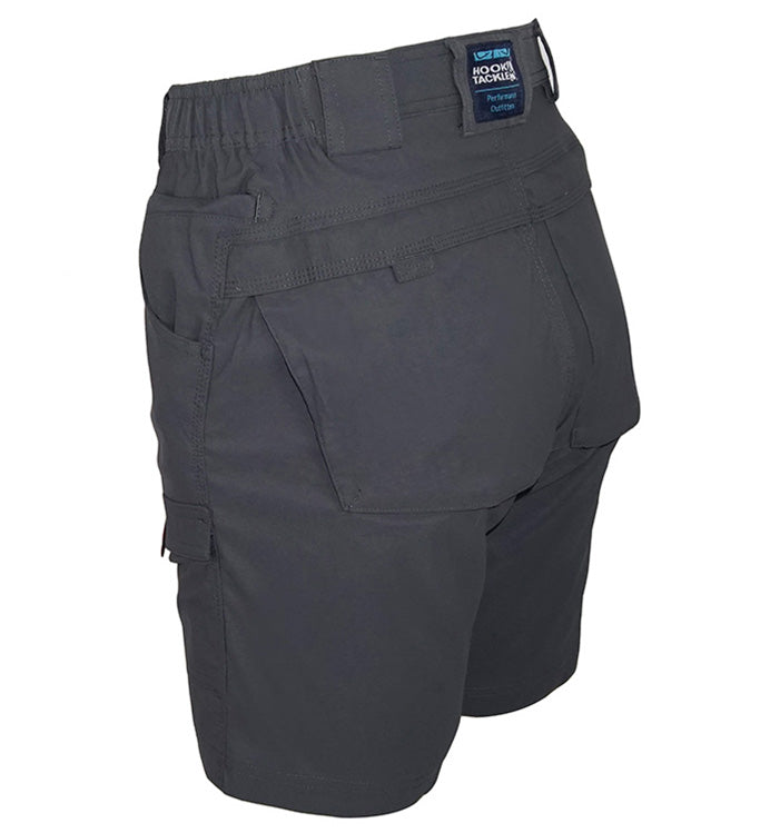 Dark gray cargo shorts with multiple pockets on a white background