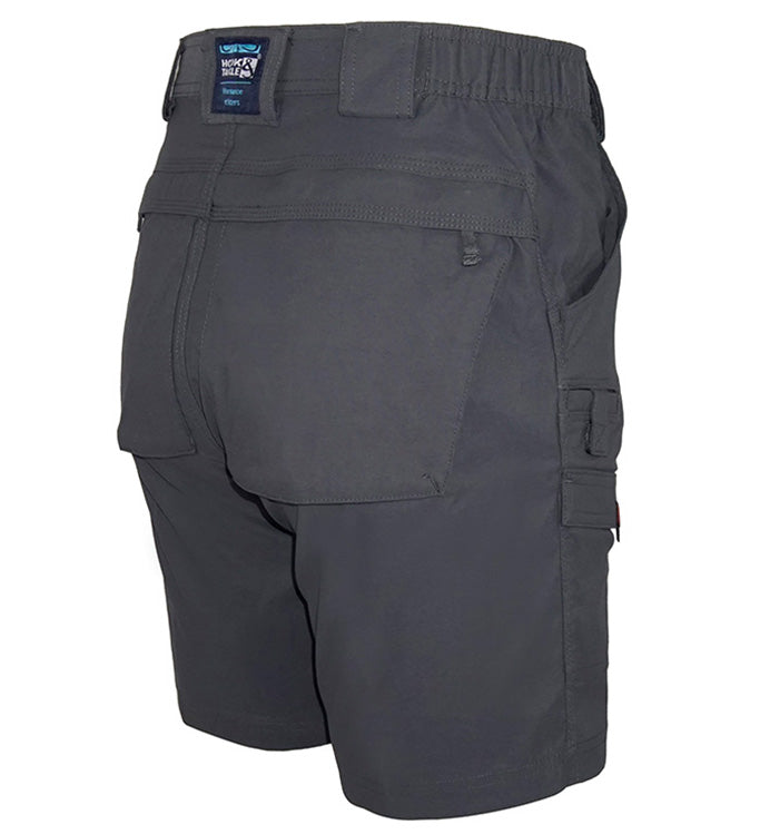 Dark gray cargo shorts with multiple pockets on a white background