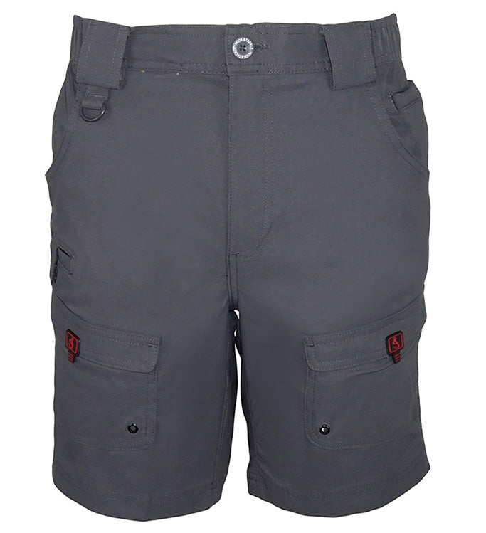 Gray cargo shorts with red accents on a white background