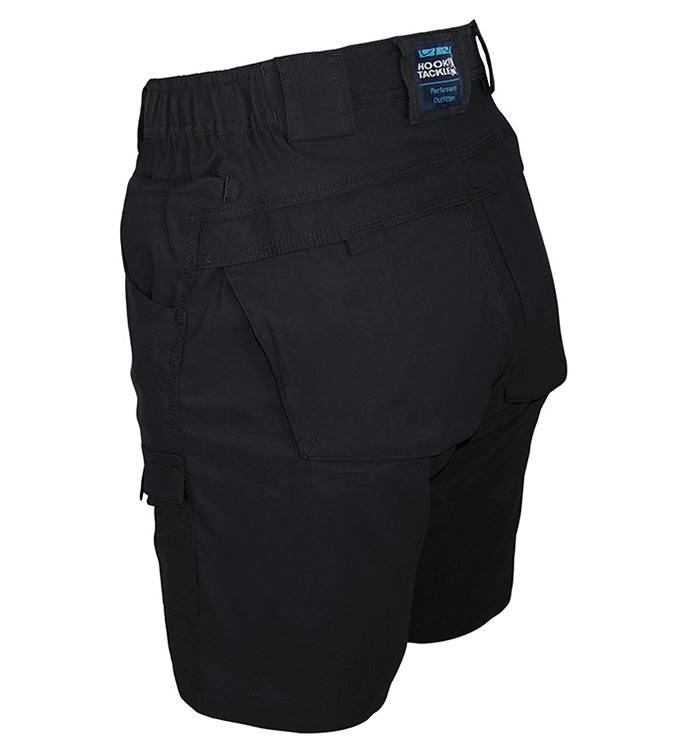 Black cargo shorts with a visible brand label on a white background