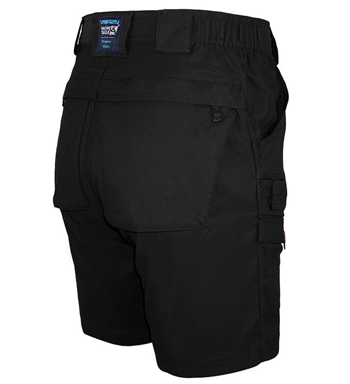 Black cargo shorts with multiple pockets on a white background