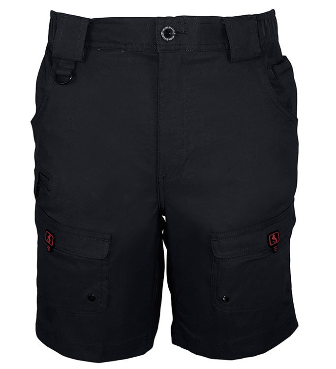 Black cargo shorts with red accents on a white background