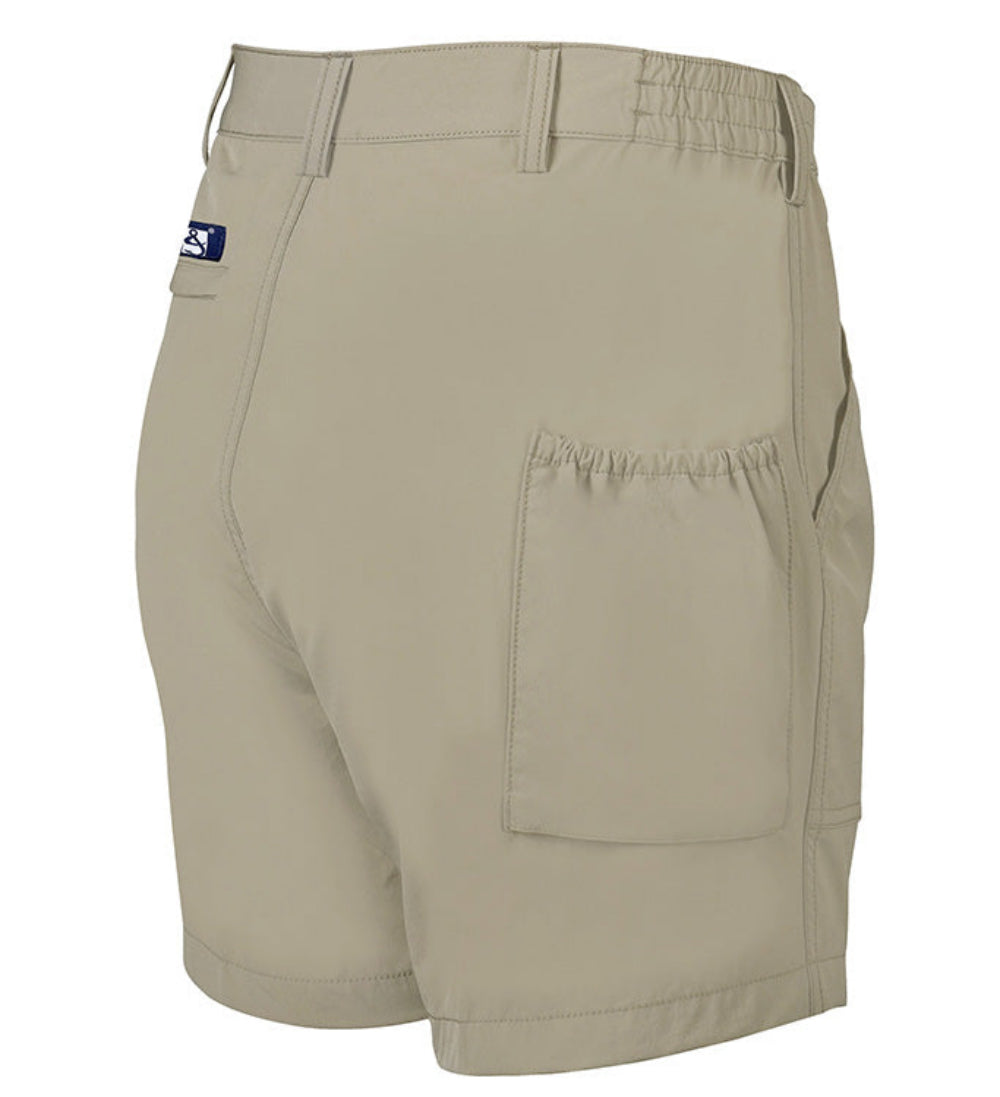 Beige shorts with a visible brand logo on a white background