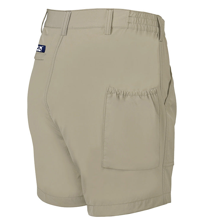 Beige shorts with a visible brand logo on a white background