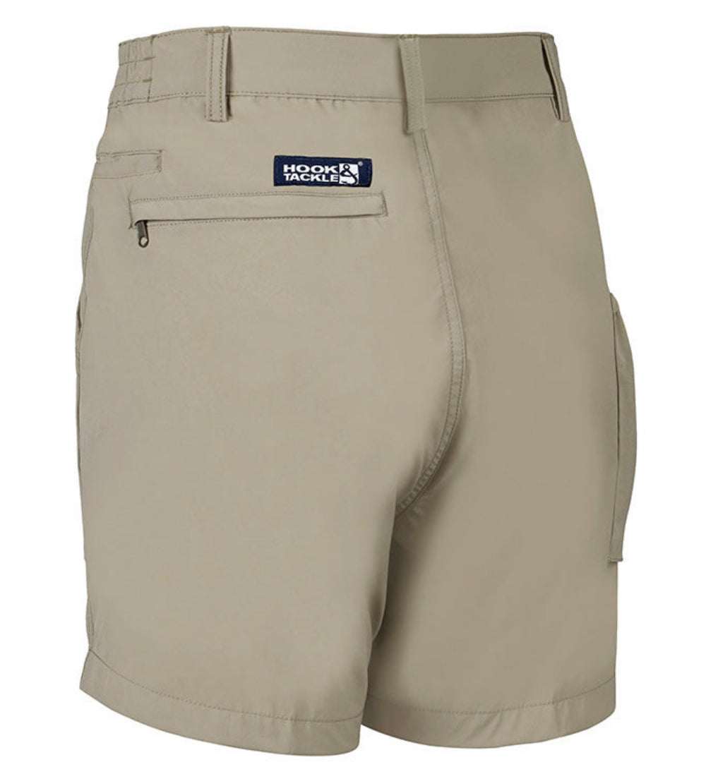 Beige shorts with a visible brand logo on a white background