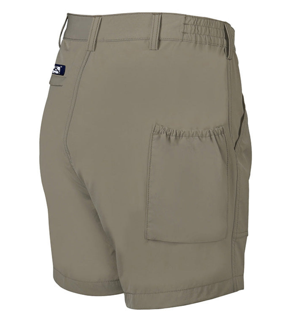 Khaki shorts with a visible brand logo on a white background