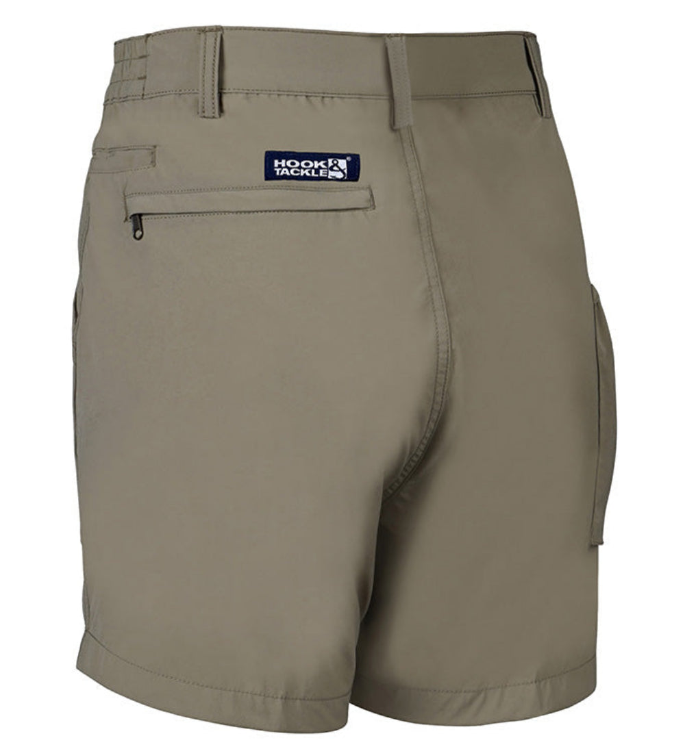 Khaki shorts with a visible brand logo on a white background