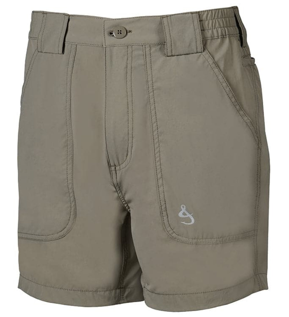 Khaki shorts with a logo on a white background