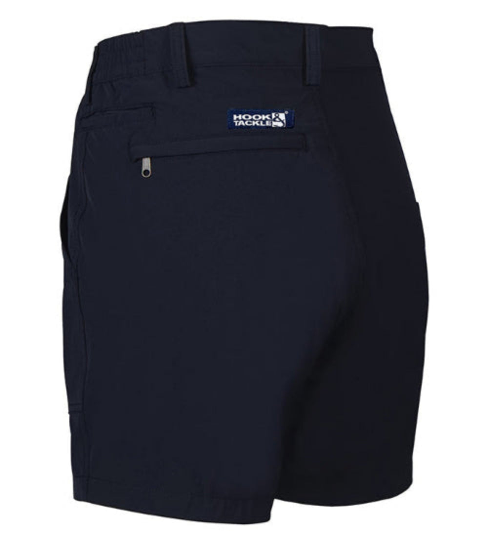 Black shorts with a logo on the pocket against a white background