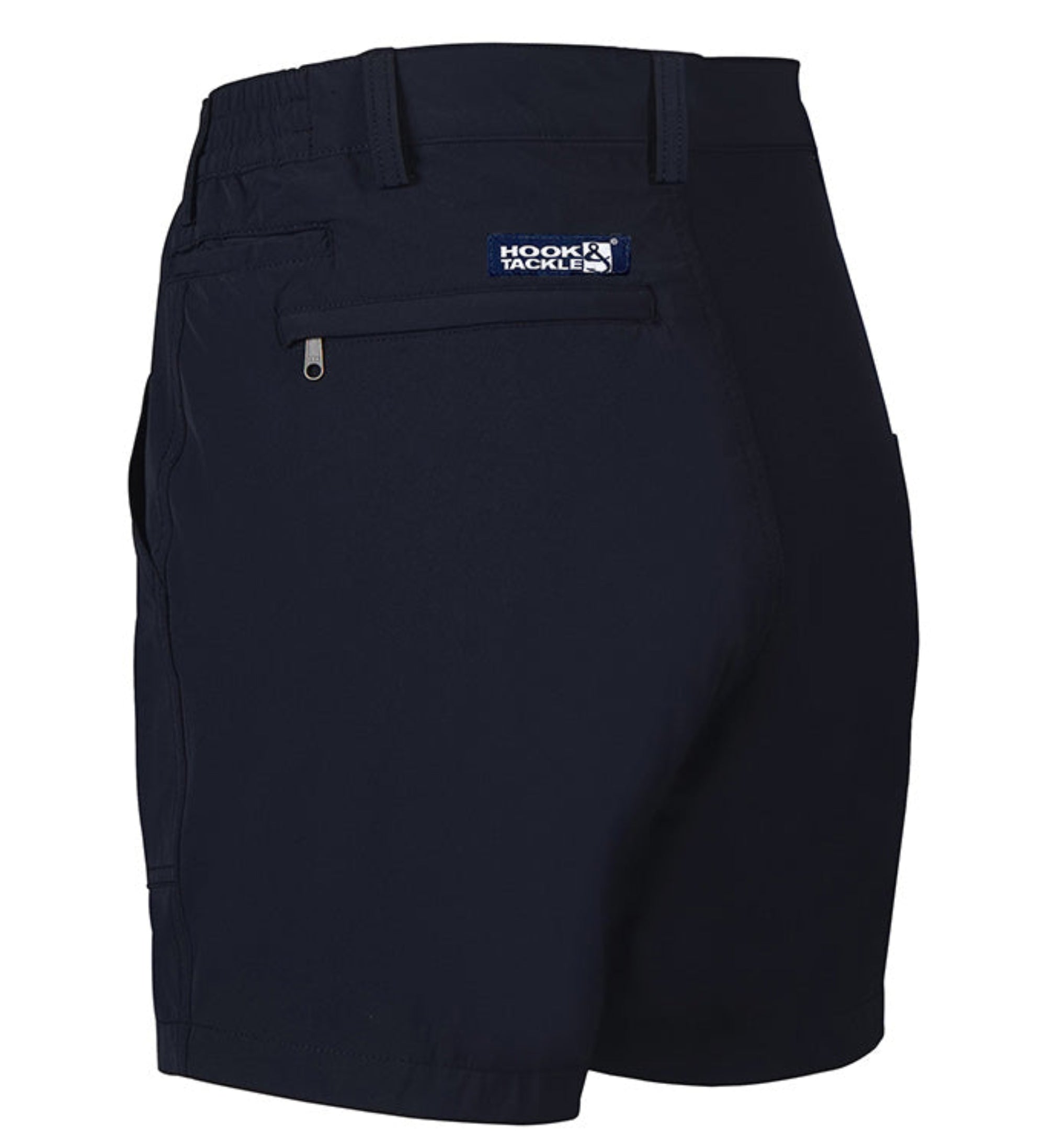 Black shorts with a logo on the pocket against a white background