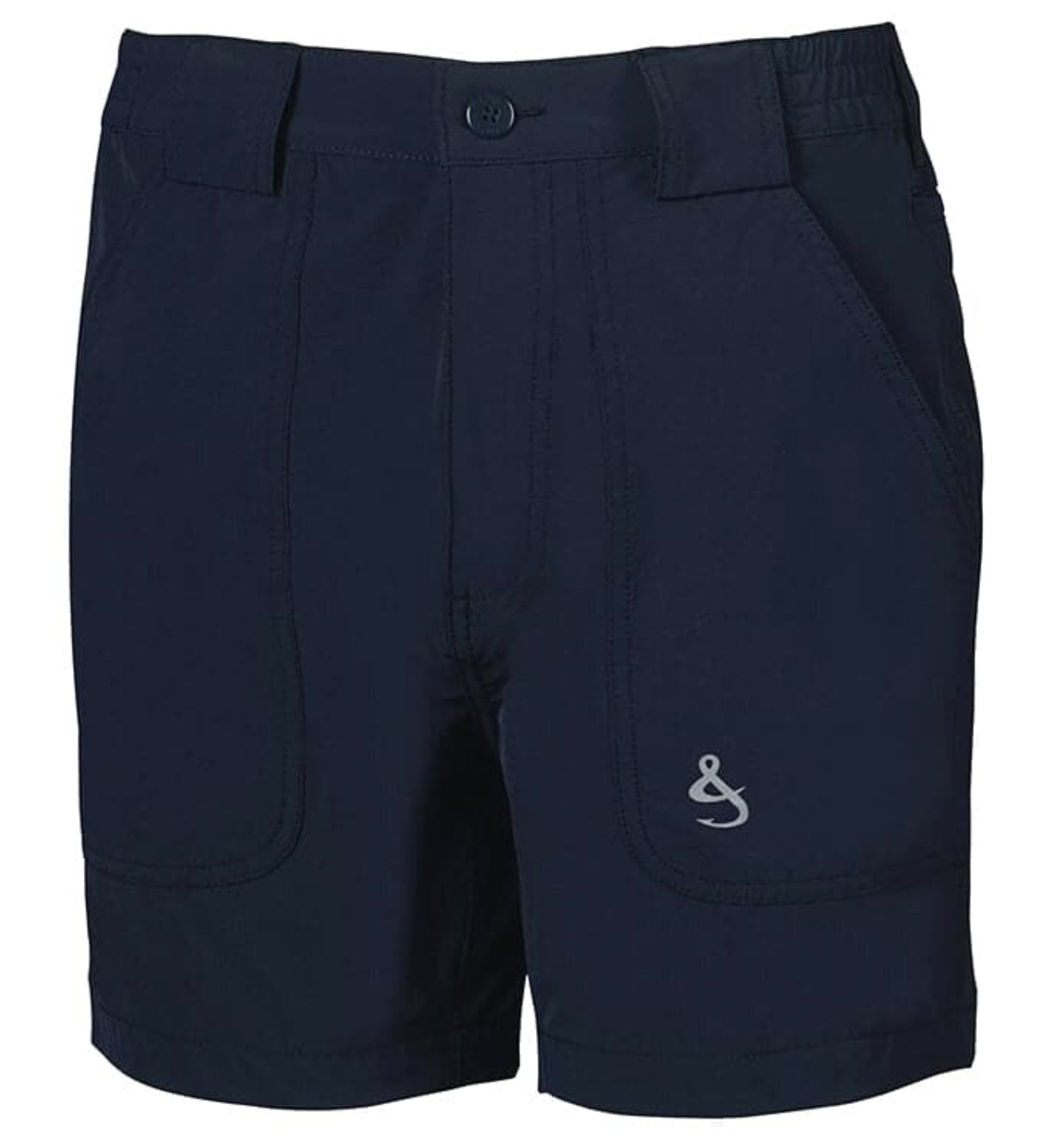 Navy blue shorts with a logo on a white background