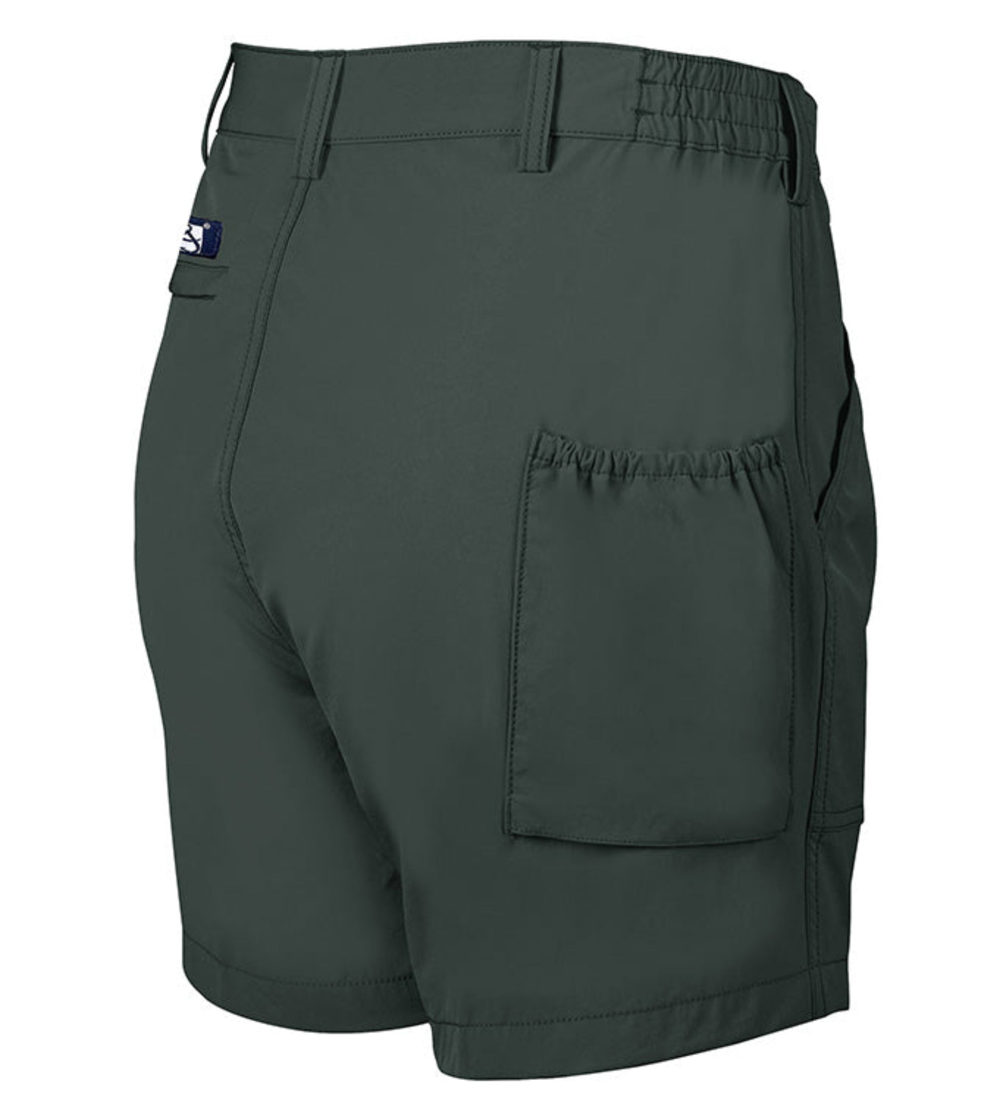 Dark gray shorts with a visible brand logo on a white background