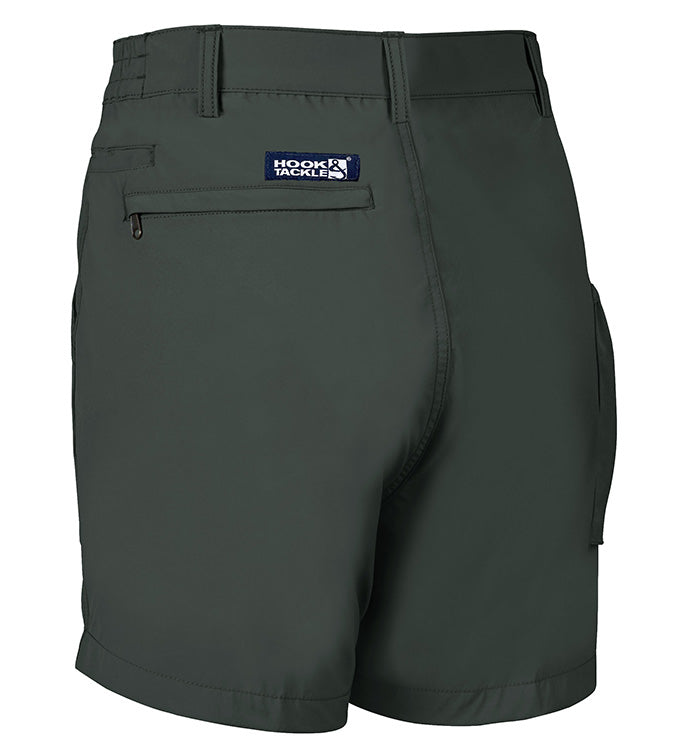 Dark gray shorts with a logo on the pocket against a white background