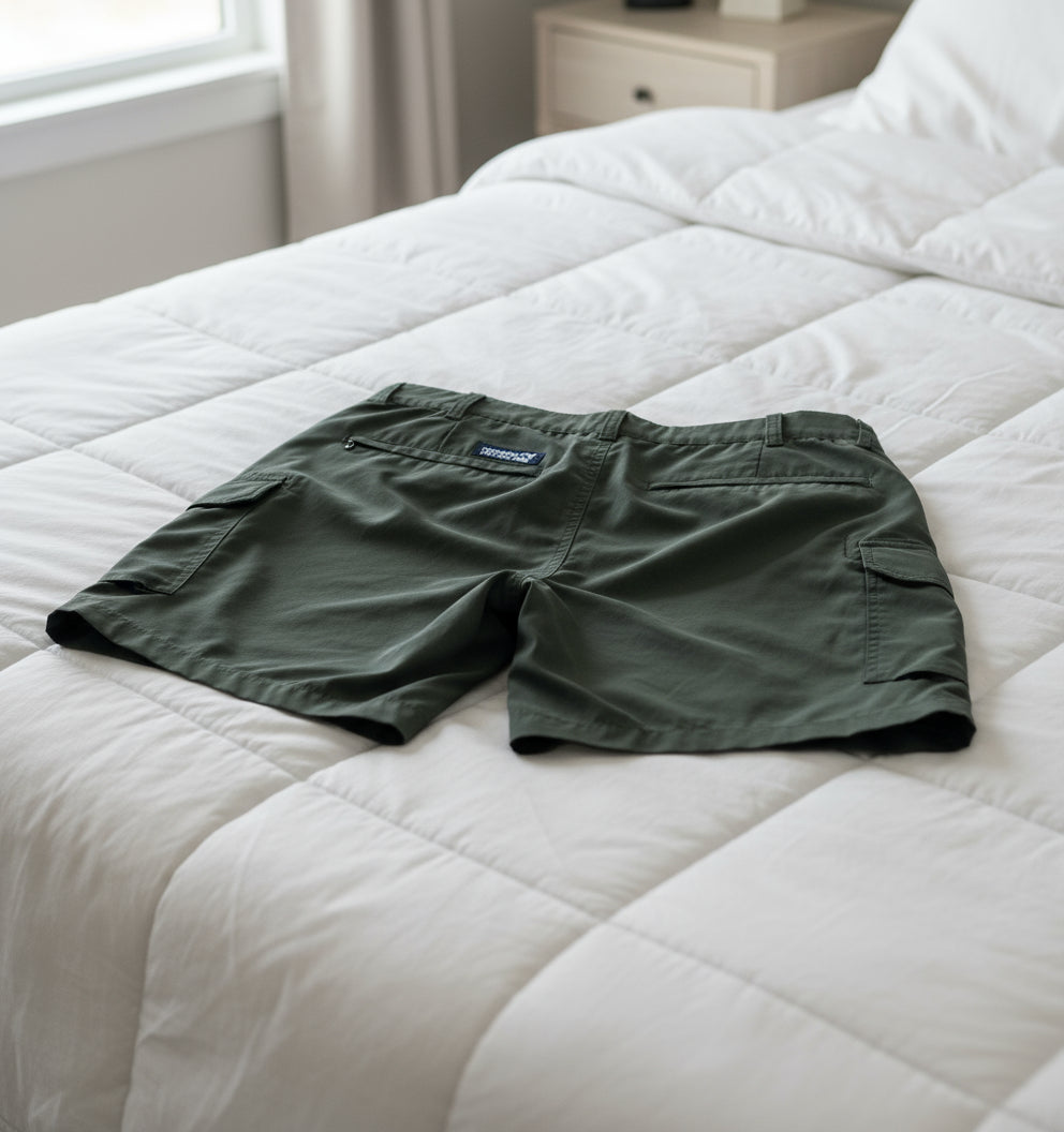 Dark gray shorts with a logo on the pocket against a white background