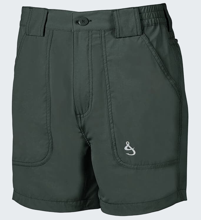 Dark gray shorts with a logo on a white background