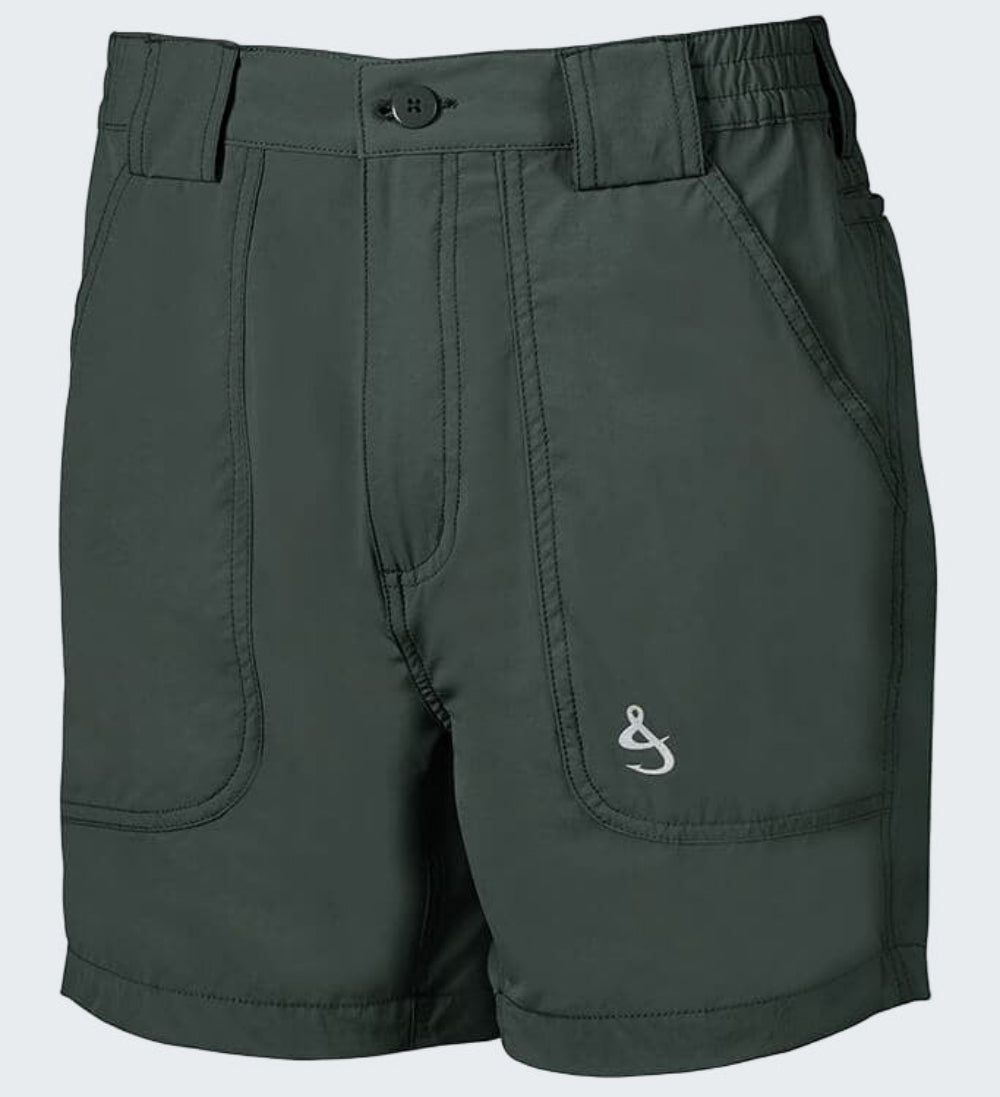 Dark gray shorts with a logo on a white background