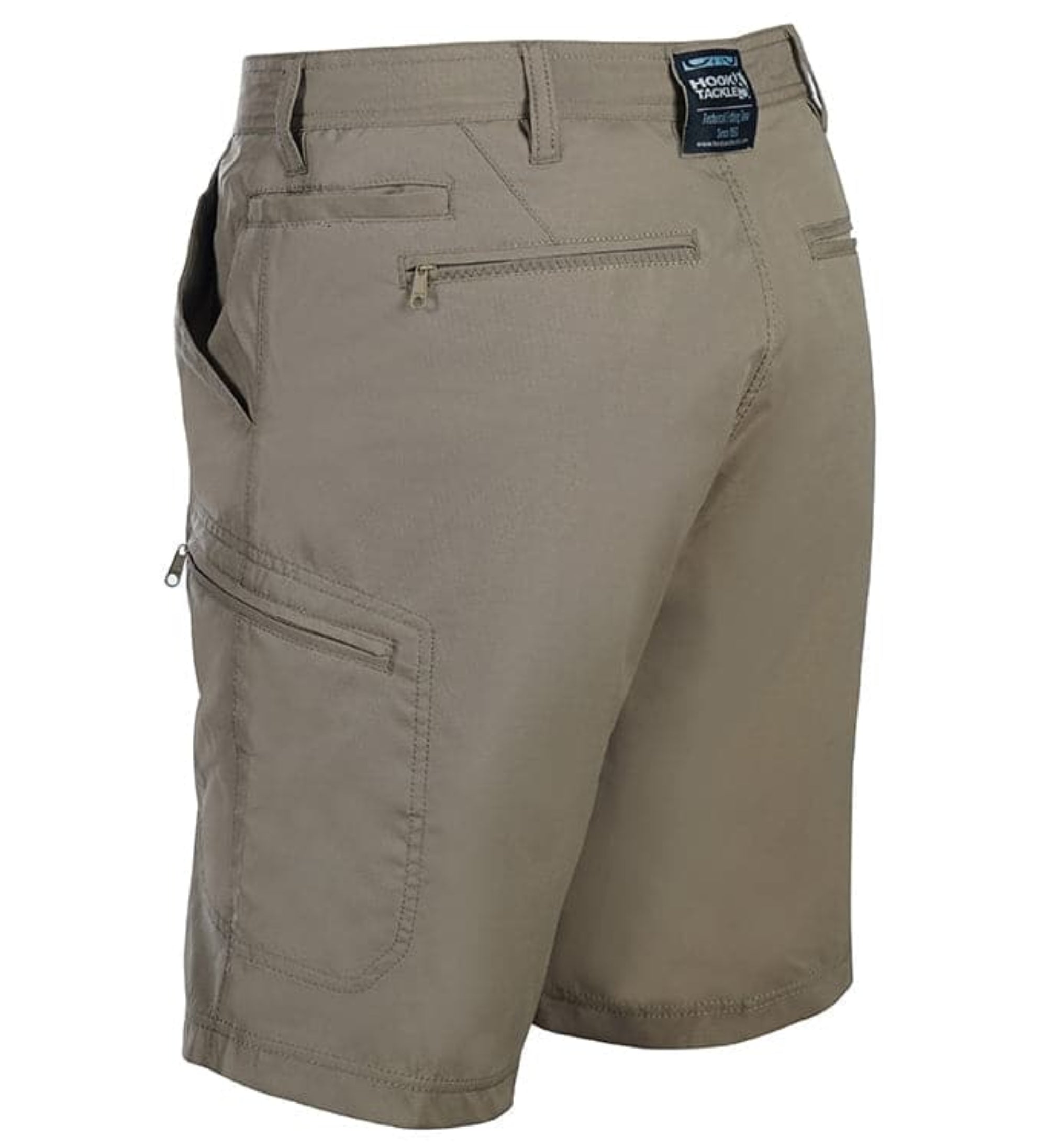 Beige shorts with multiple pockets and a visible brand label on a white background