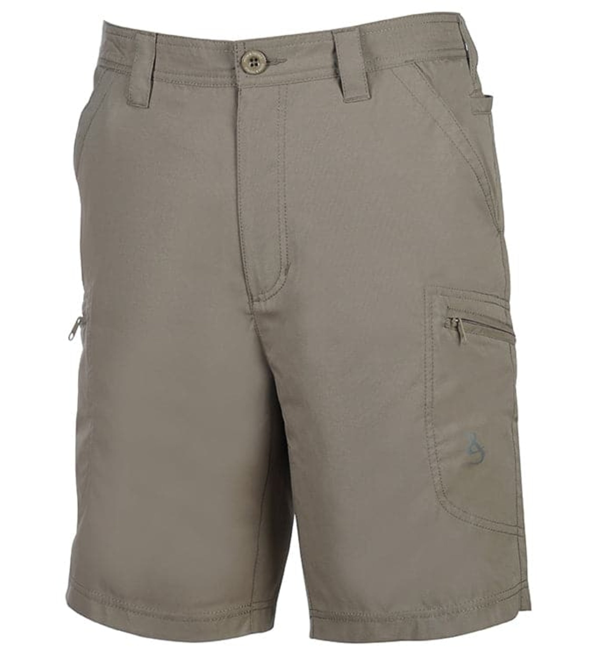 Khaki shorts with multiple pockets on a white background