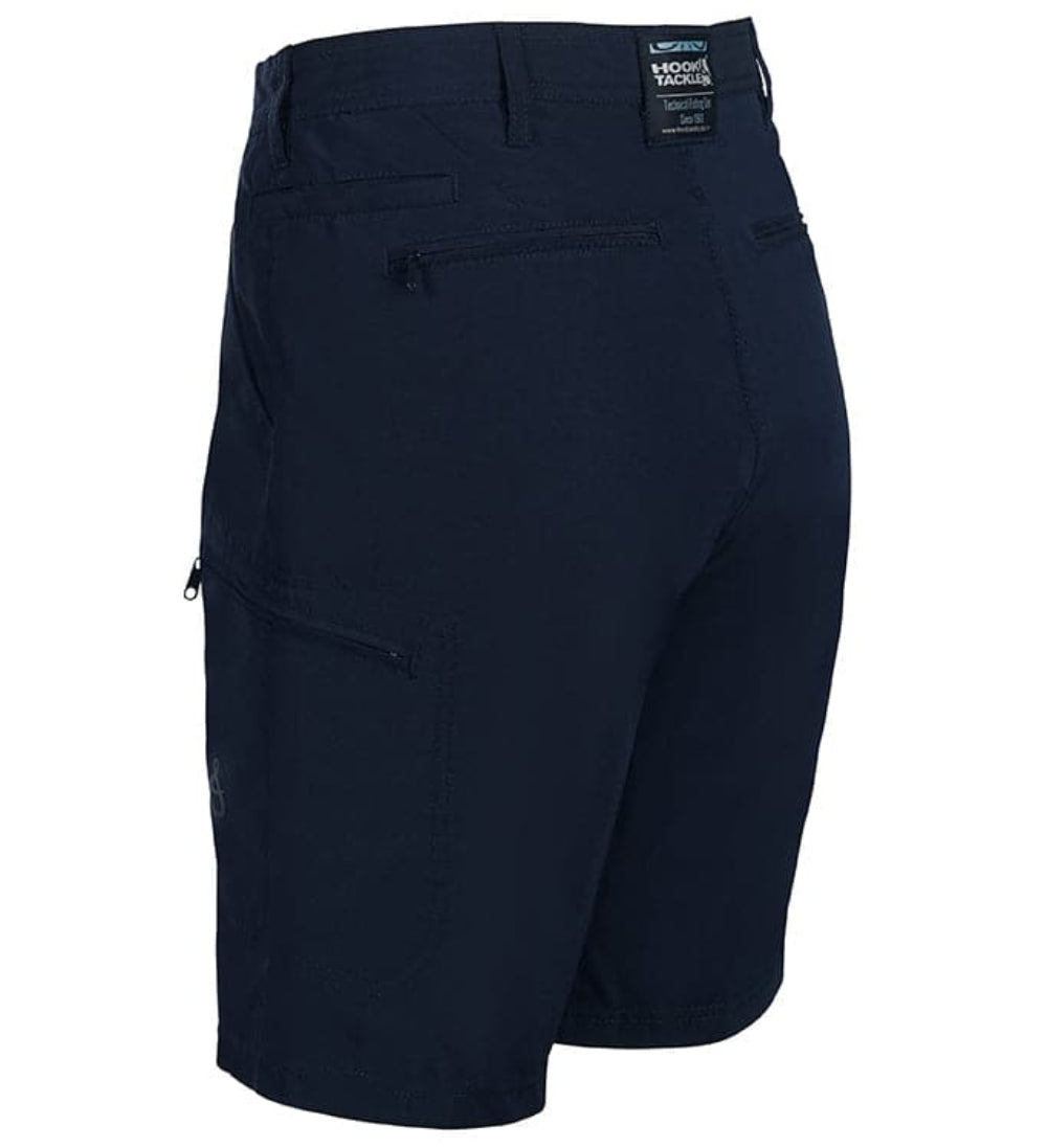 Navy blue shorts with a visible brand label on a white background