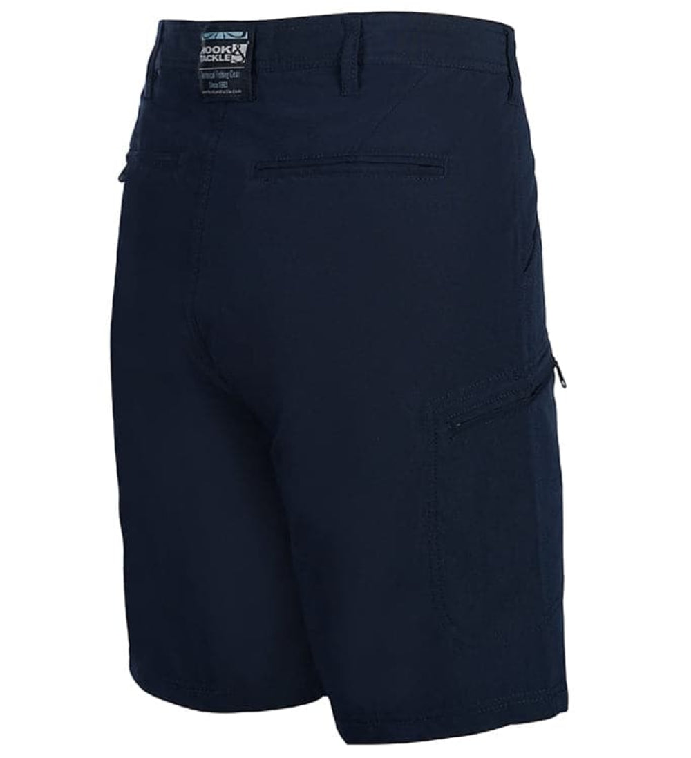 Navy blue shorts with multiple pockets on a white background