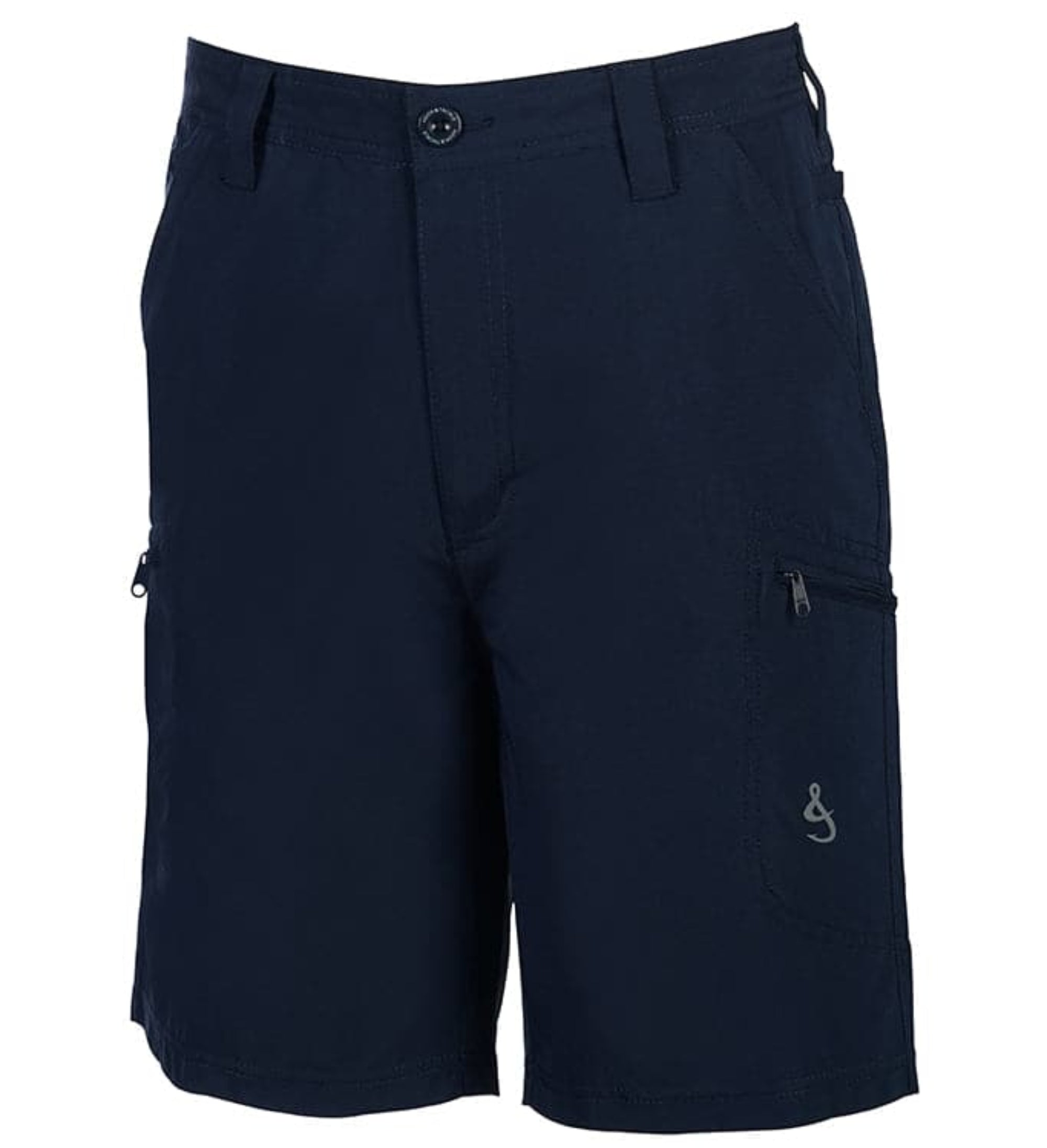 Navy blue shorts with a small logo on a white background