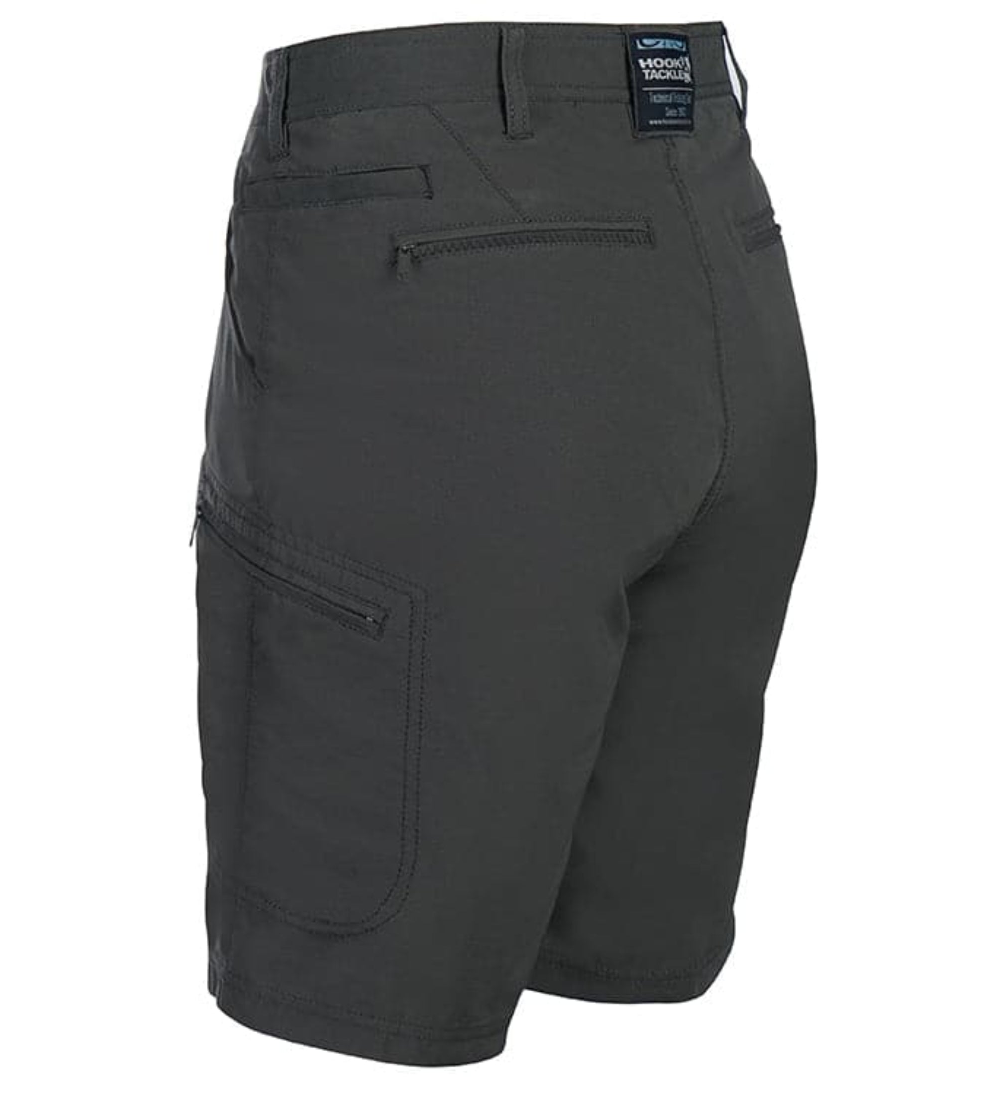 Dark gray shorts with a visible brand label on a white background